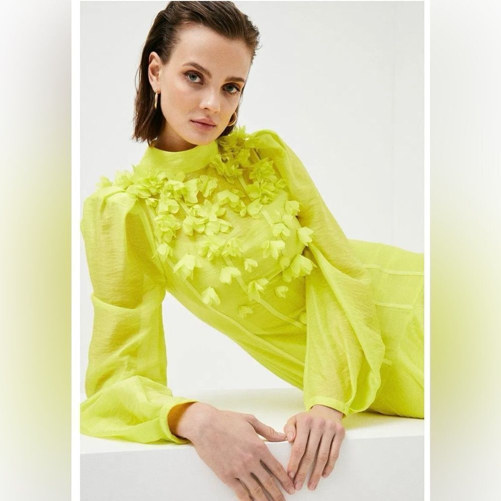Karen Millen Vibrant Yellow/green appliqué Dress, US6 - Picture 2 of 15